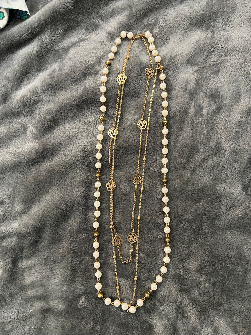 Gold & White Multi-Strand Pearl Flower Necklace - Women Jewelry